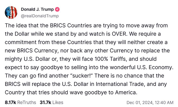 Ông Trump dọa áp thuế 100% nếu BRICS thay thế đồng USD