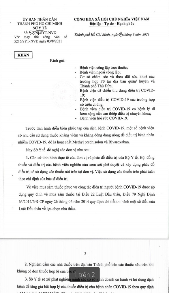 Sở Y tế TP.HCM thu hồi, ra văn bản mới thay văn bản mua 2 loại thuốc điều trị Covid
